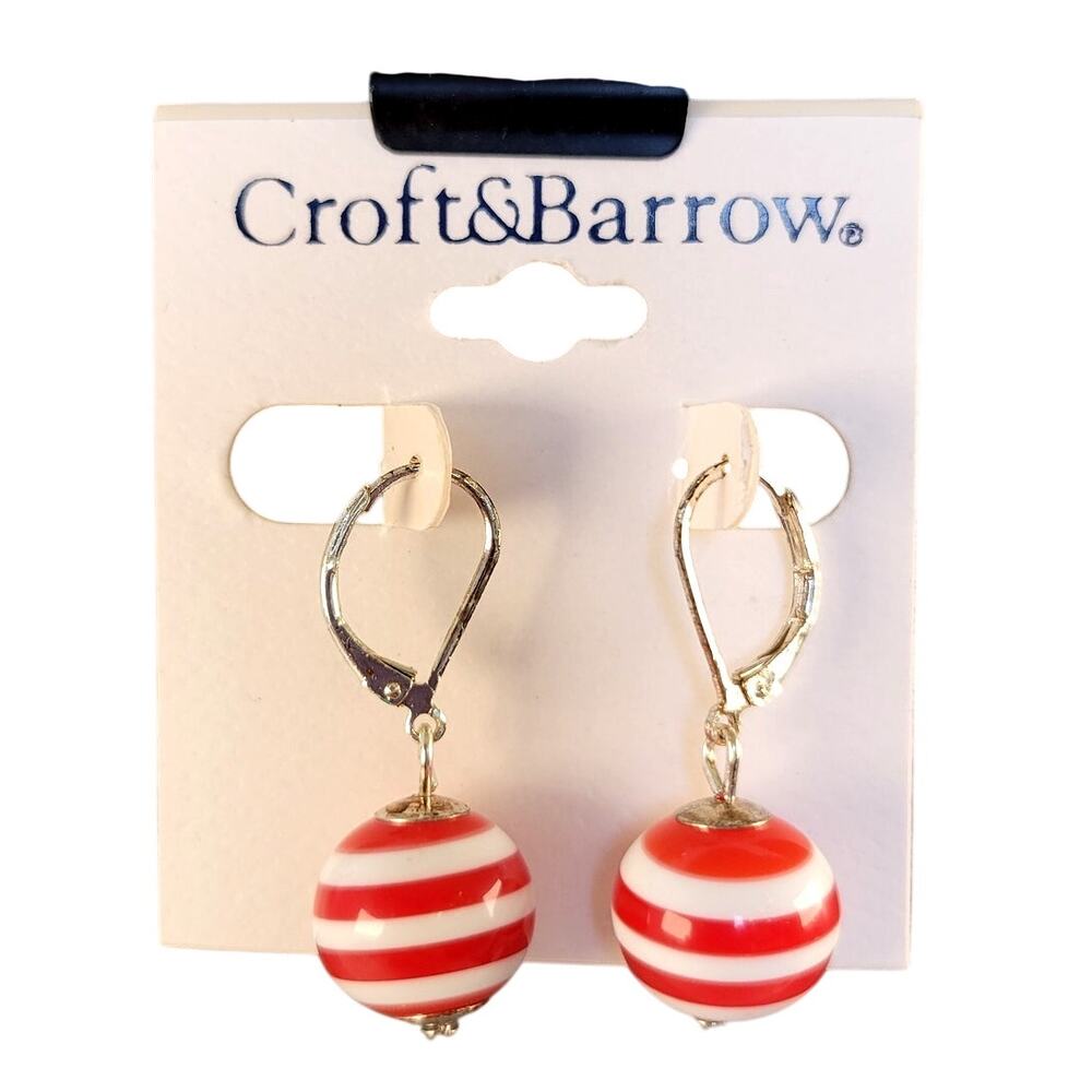 Croft & Barrow Red White Stripe Bead Drop Earrings 1.82in Pierced Free Gift Bag